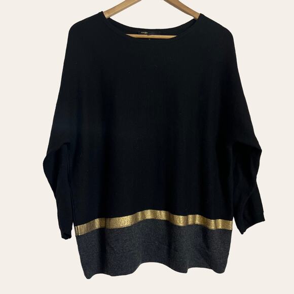 Maje Black Gold Wool Cashmere Oversized Crewneck Sweater Size Medium - Picture 4 of 8